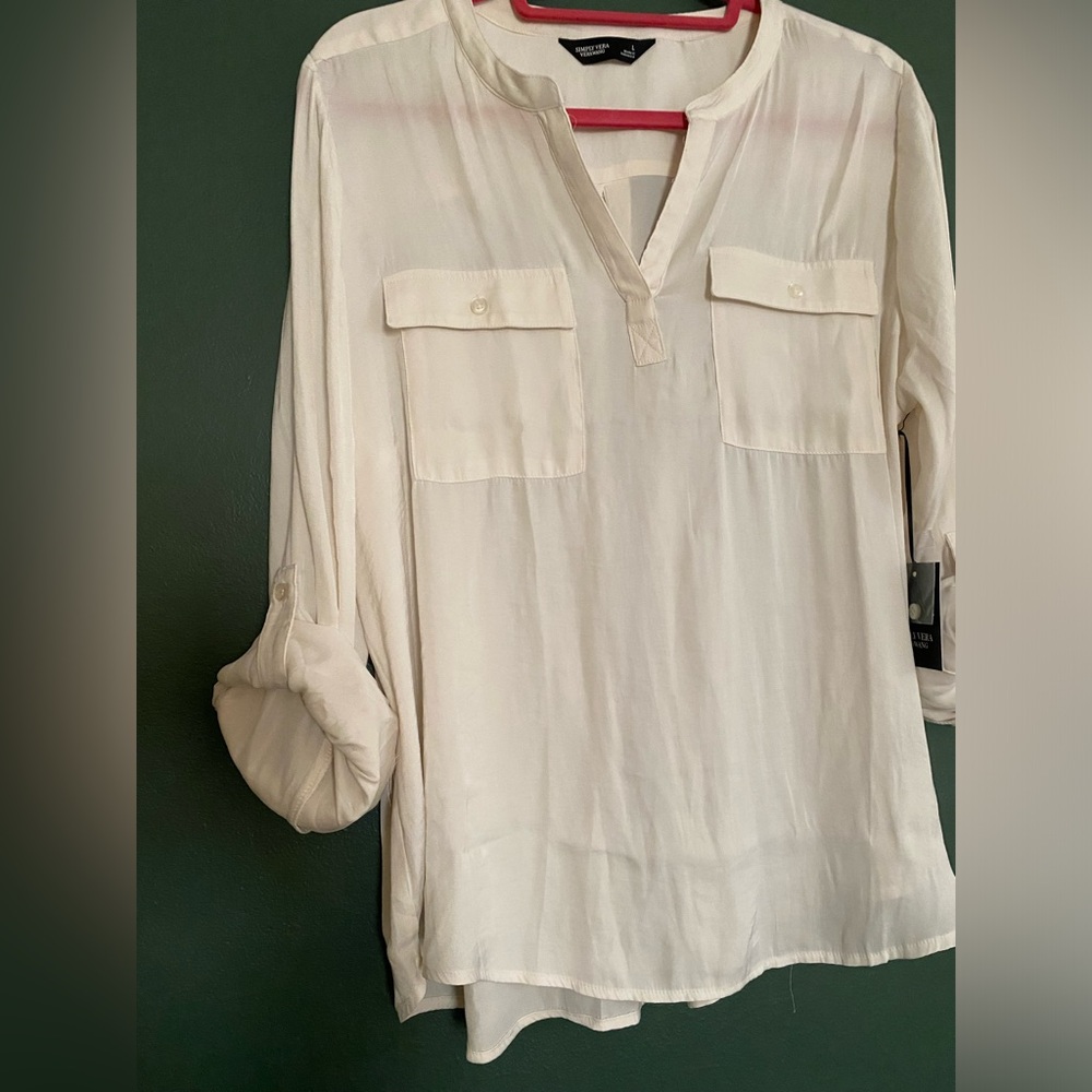 NWT- Simply Vera- roll tab popover blouse split neck (L) Vera Wang ivory white - Picture 12 of 12